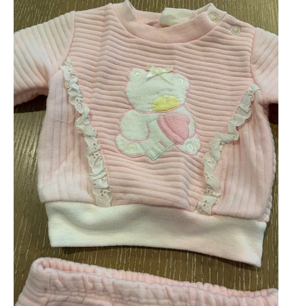Vintage Baby Girl 3-6 Months Pink Teddy Bear 2 Piece Quilted Outfit Footed Pants